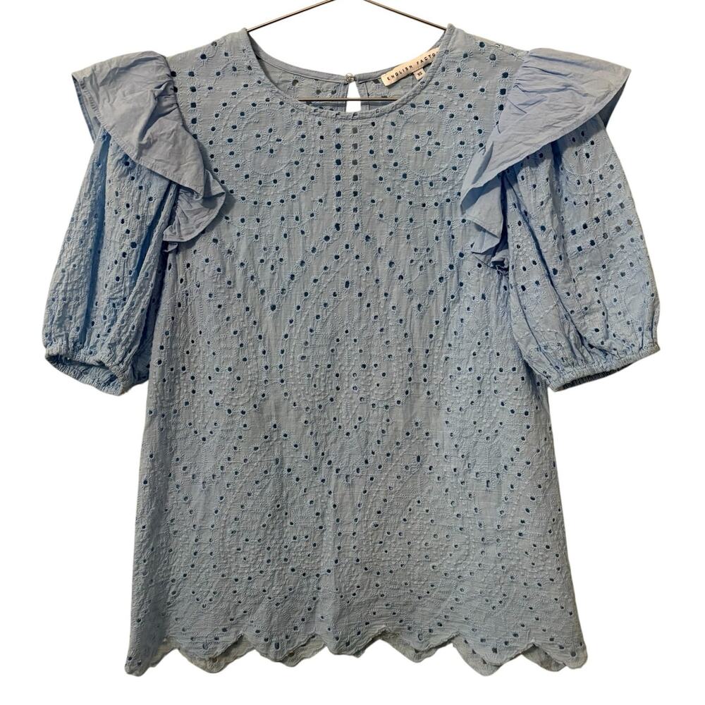 English Factory Women's Light Blue Eyelet Short Ruffle Sleeve Top XS